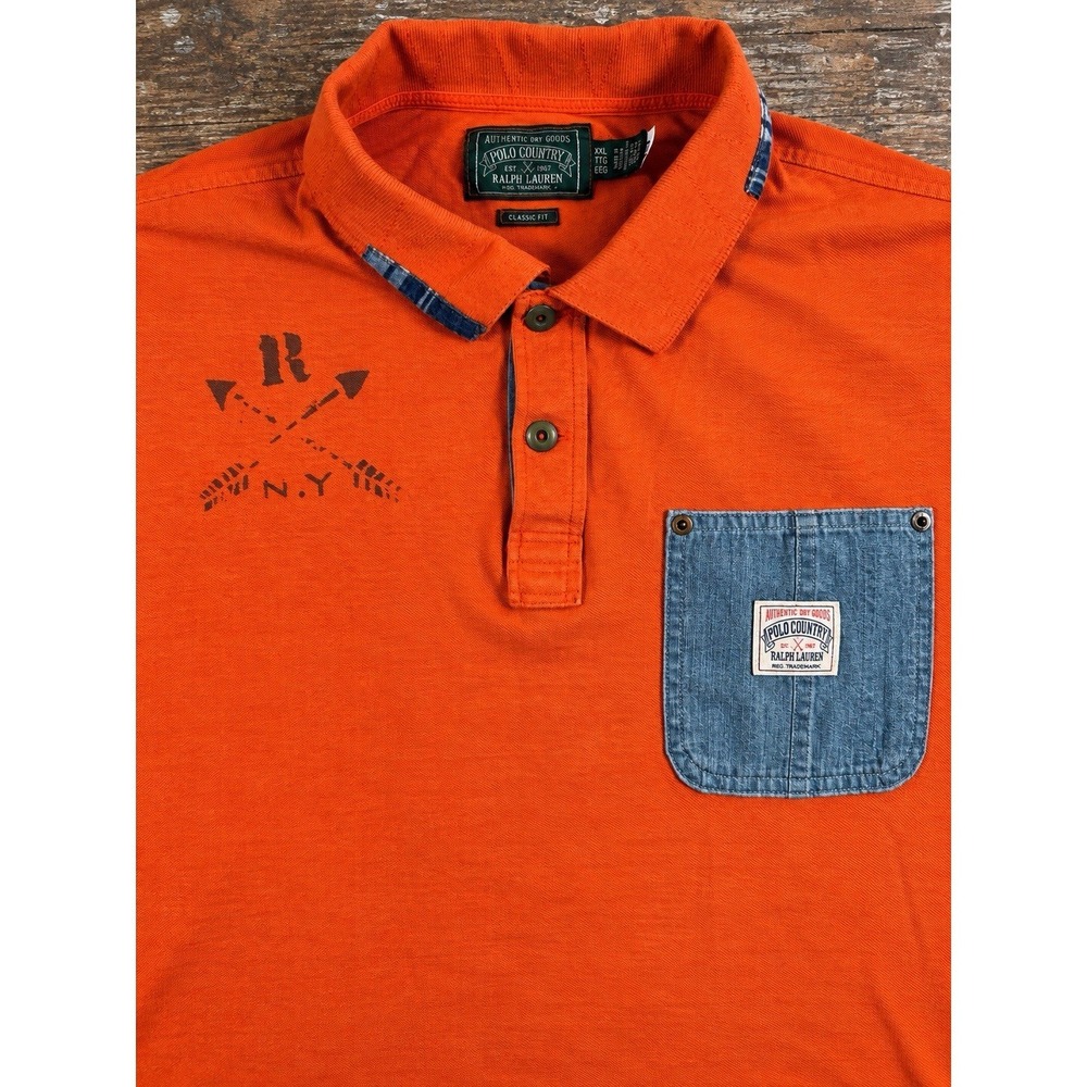 Polo Ralph Lauren Polo Country Mens XXL Orange Eagle Graphic Denim Pocket Shirt